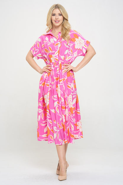 Flower Print Collared V neck Midi Dress with Pockets