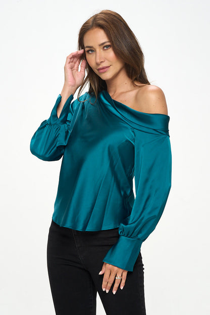 Dropped Shoulder Long Sleeve Satin Top