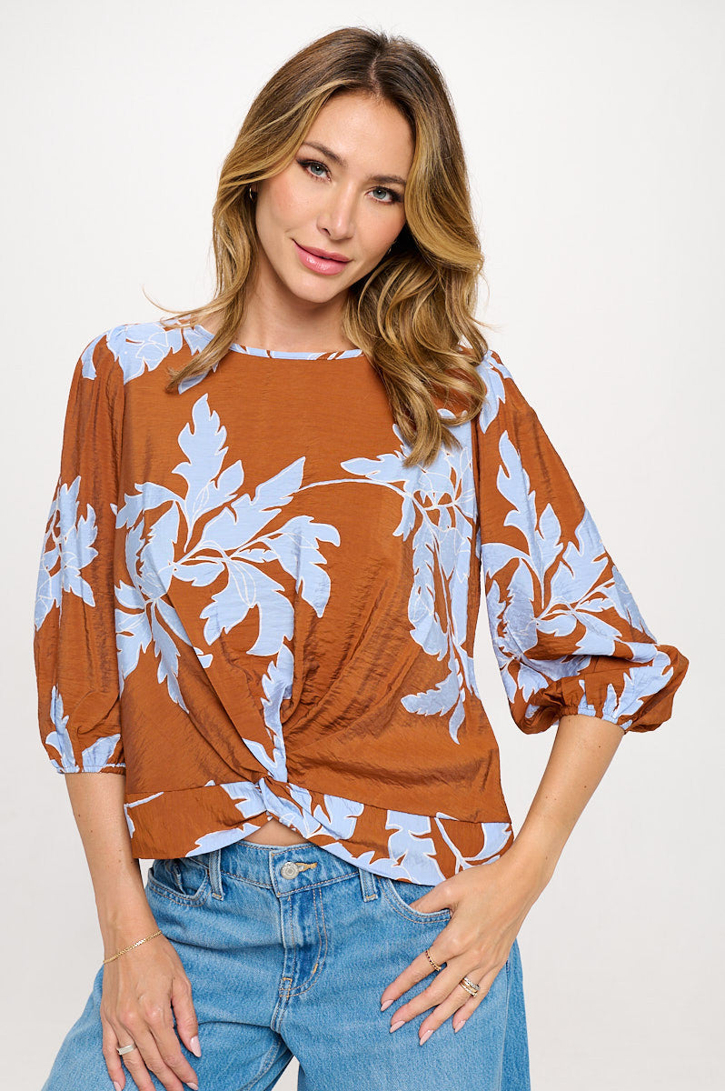 Floral Print 3/4 Sleeve Top with Front Twist-0
