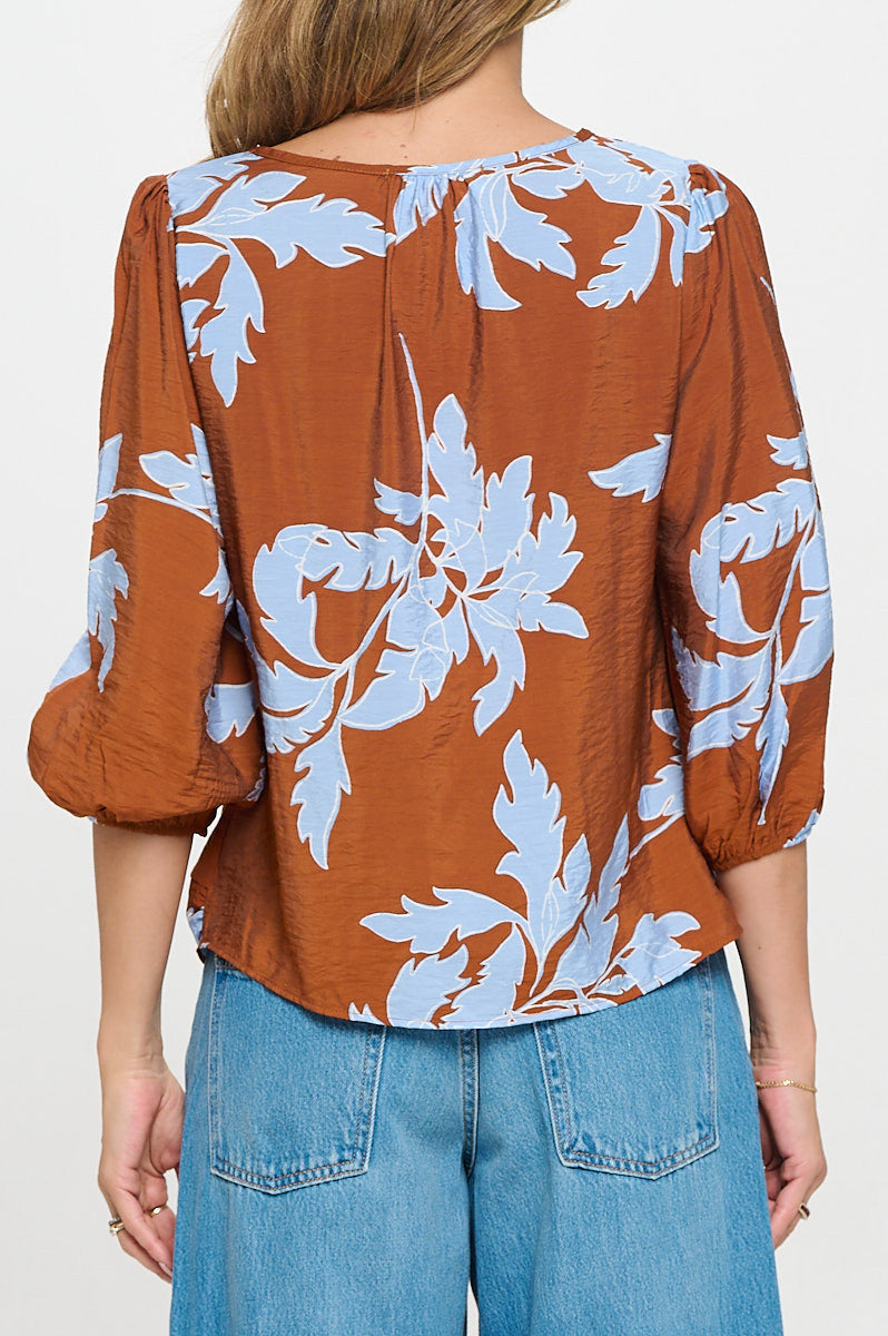 Floral Print 3/4 Sleeve Top with Front Twist-3