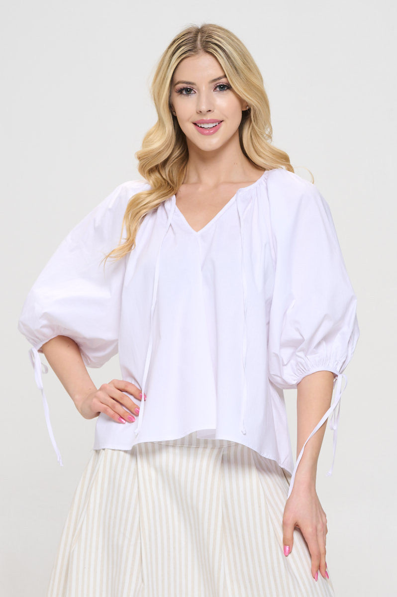 Cotton V neck Half Puff Sleeve with Tie-0