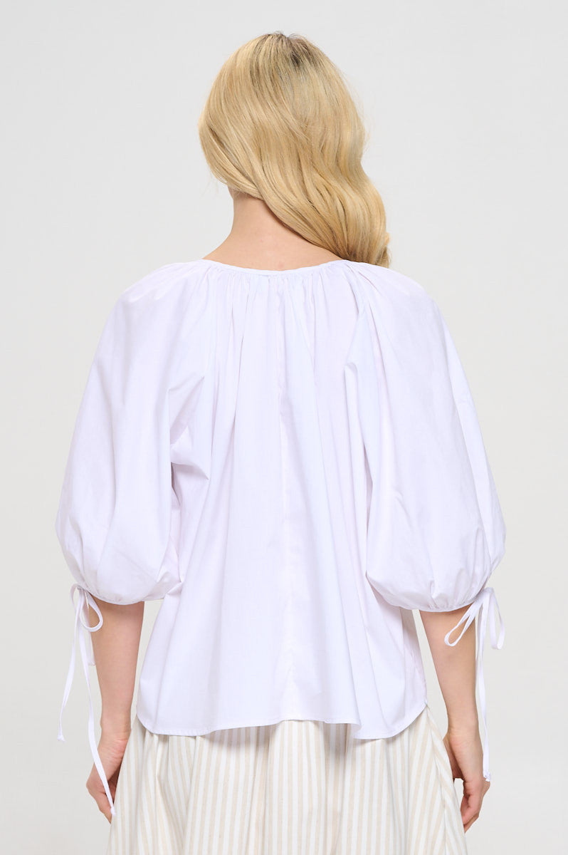 Cotton V neck Half Puff Sleeve with Tie-3