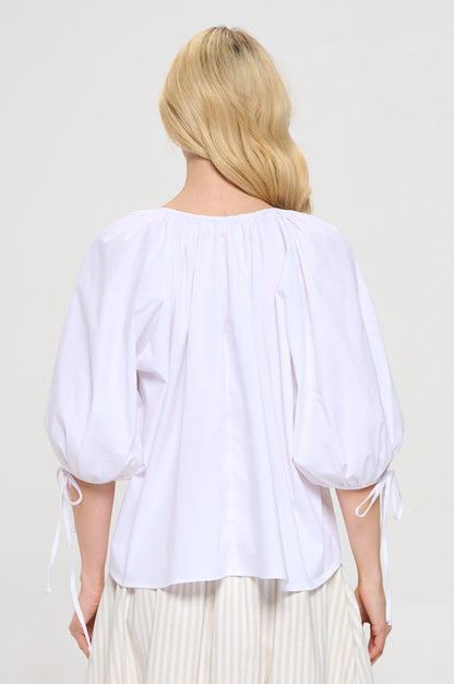 Cotton V neck Half Puff Sleeve with Tie-3