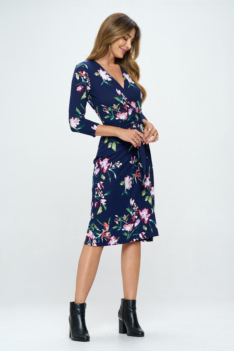 Floral Print V neck Jersey Wrap Dress with Tie-2