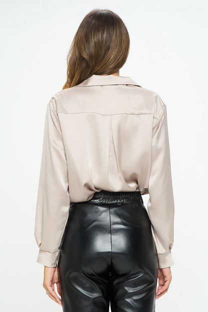 Stretch Satin Long Sleeve V neck Top with Collar