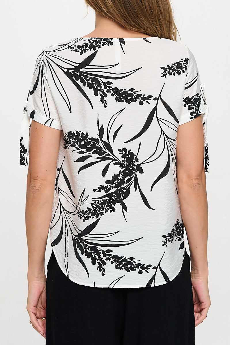 Floral Print Short Sleeve Top with Tie Sleeve-3