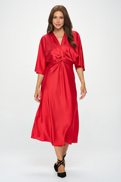 Satin Stretch Solid Dress with Front Twist