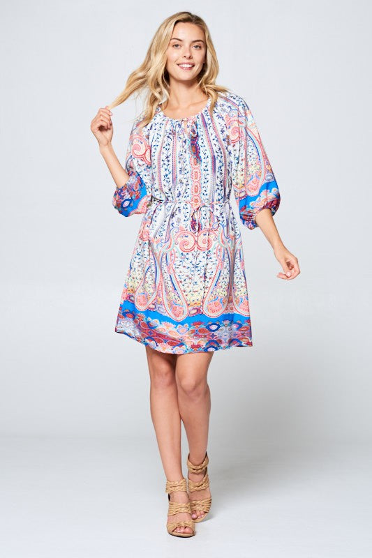 3/4 SLEEVE PRINT DRESS WITH TIE