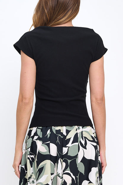 Rib Knit Cowl neck Short Sleeve Top-3