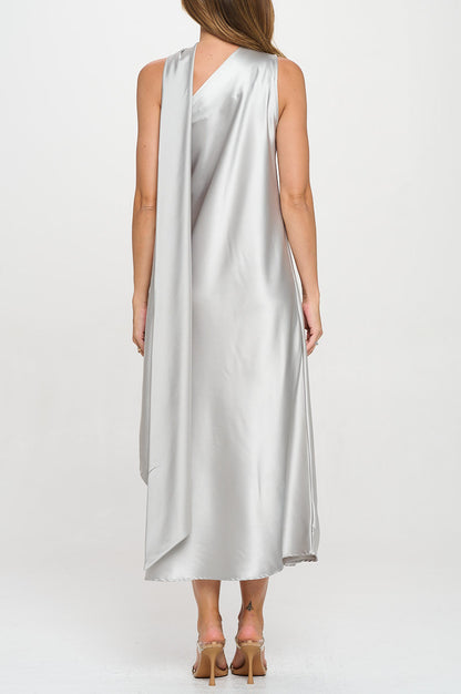 One Shoulder Satin Maxi Dress with Scarf Detail