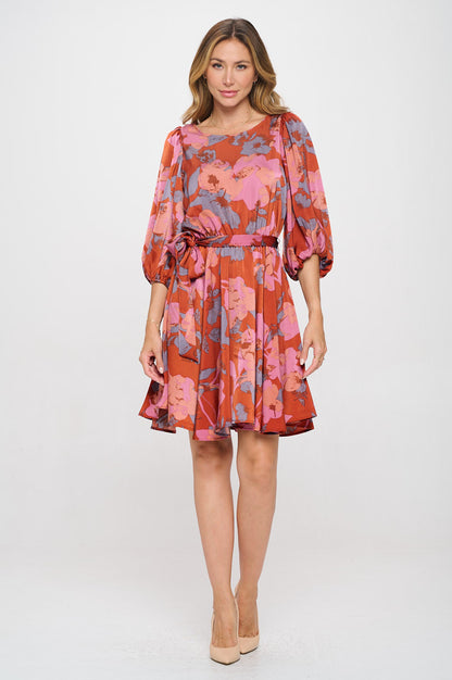 Floral Print Puff Sleeve Dress with Tie-1