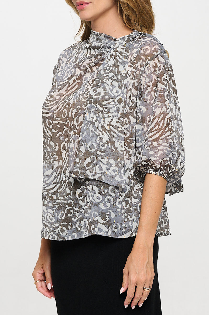 Abstract Print Sheer 3/4 Sleeve with Scarf Detail