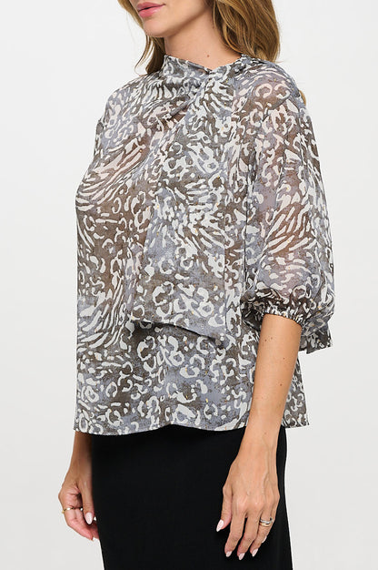 Abstract Print Sheer 3/4 Sleeve with Scarf Detail