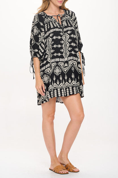 Boho Print V neck Dress with Tie Sleeve