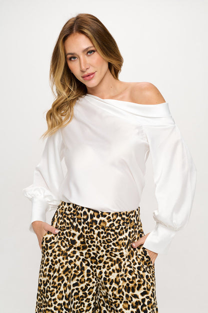 Dropped Shoulder Long Sleeve Satin Top-0
