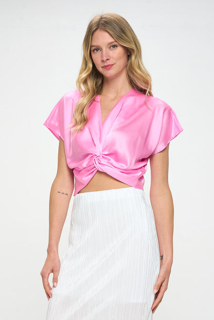 Satin Short Sleeve Top with Front Twist