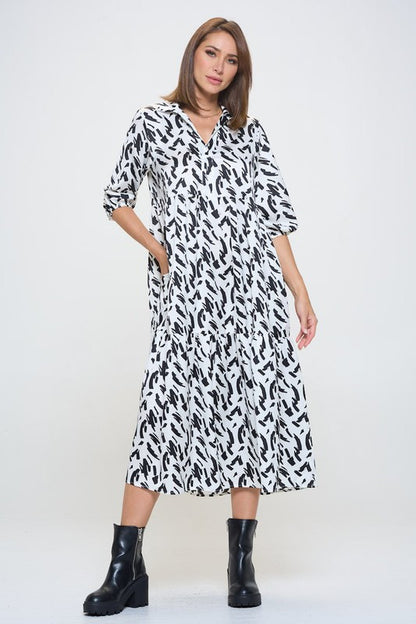 Print Collared V neck Tiered Dress with Pockets