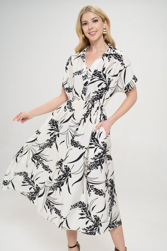 Print Collared V neck Midi Dress with Pockets