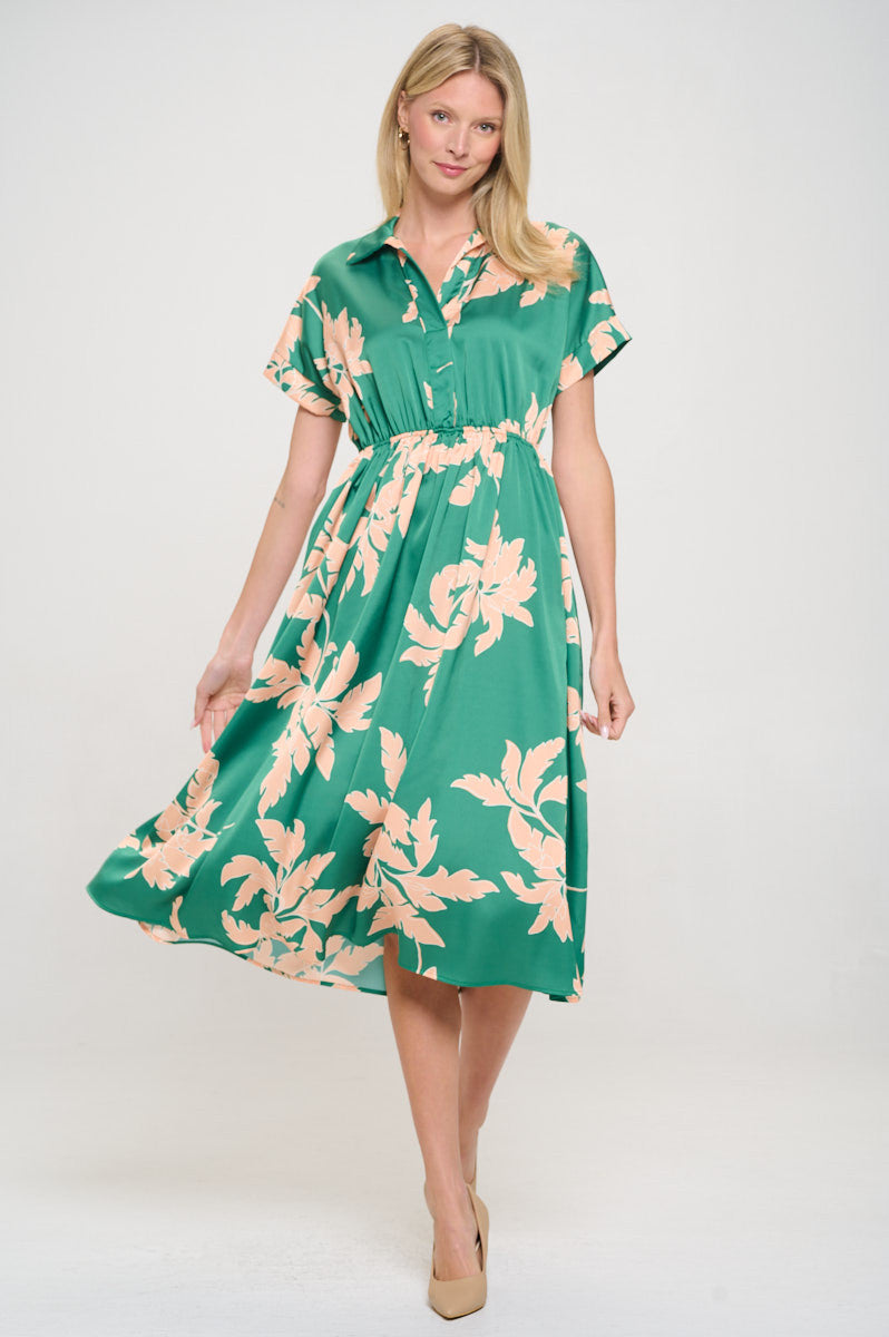 Flower Print Collared V neck Dress with Pockets