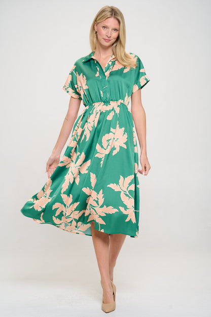 Flower Print Collared V neck Dress with Pockets