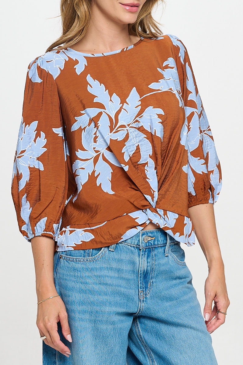 Floral Print 3/4 Sleeve Top with Front Twist-2
