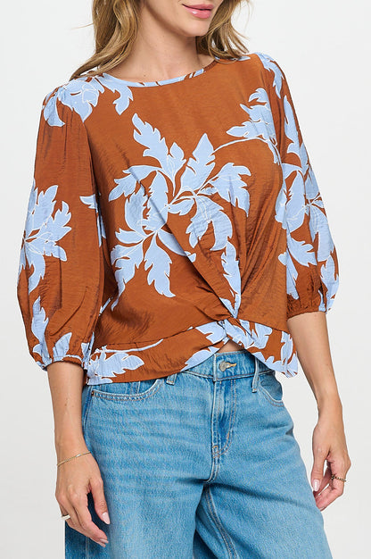 Floral Print 3/4 Sleeve Top with Front Twist-2
