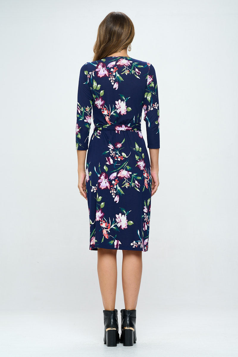 Floral Print V neck Jersey Wrap Dress with Tie-3