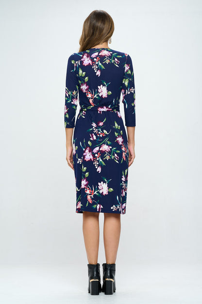 Floral Print V neck Jersey Wrap Dress with Tie-3