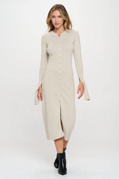 Rib Knit Maxi Dress with Buttons and Open Sleeve