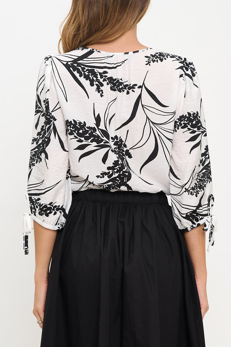 Floral Print V neck Top with Sleeve Tie