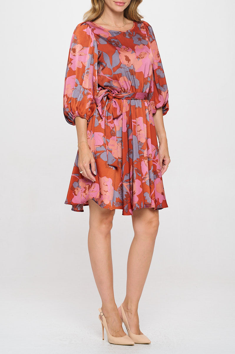 Floral Print Puff Sleeve Dress with Tie-3