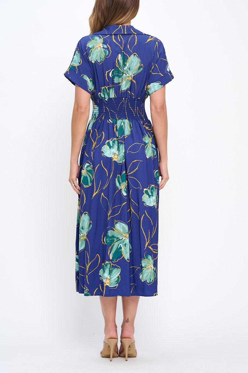 Floral Print V neck Collared Dress with Smock Waist Detail