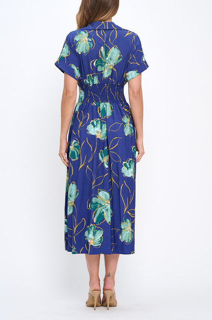 Floral Print V neck Collared Dress with Smock Waist Detail