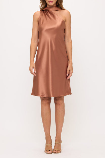 One Shoulder Satin Dress with Scarf-1
