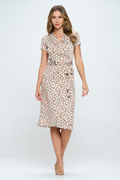 Polka Dot V neck Jersey Wrap Dress with Tie