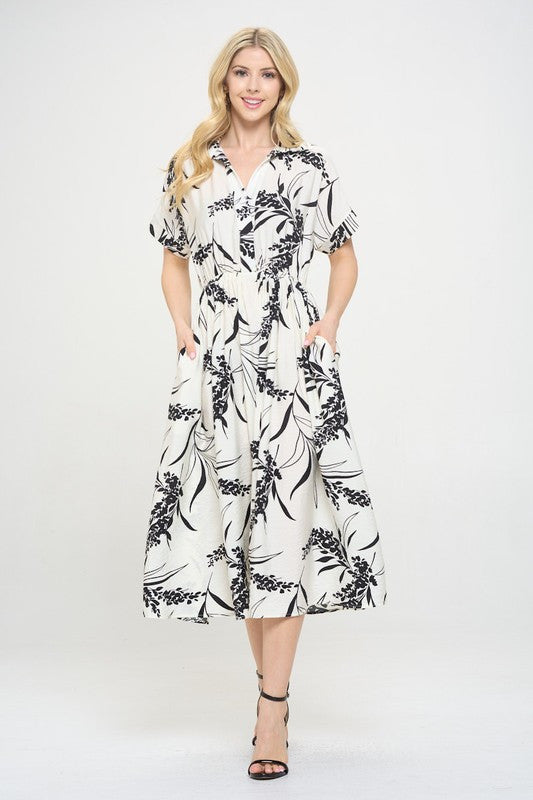 Print Collared V neck Midi Dress with Pockets