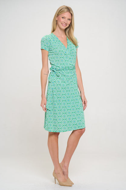 Print V neck Jersey Dress with Tie
