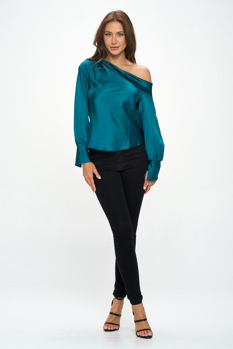 Dropped Shoulder Long Sleeve Satin Top