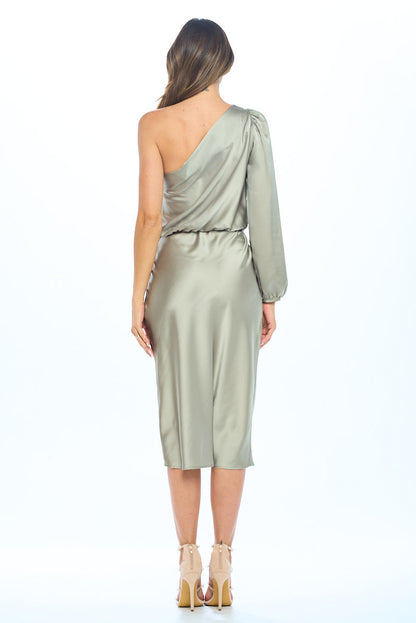 Satin One Shoulder Bodycon Dress w/ Asymmetric Hem-4