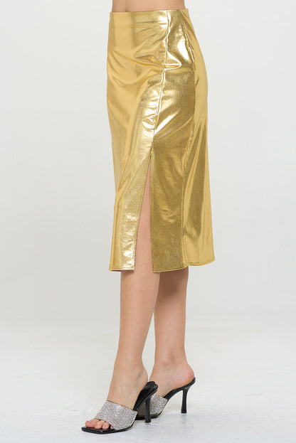 Metallic Midi Skirt with Slit-1