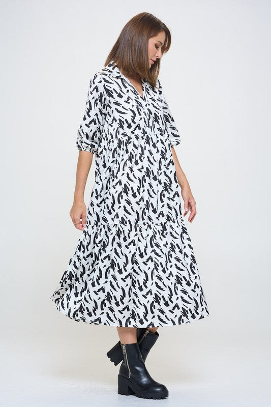 Print Collared V neck Tiered Dress with Pockets