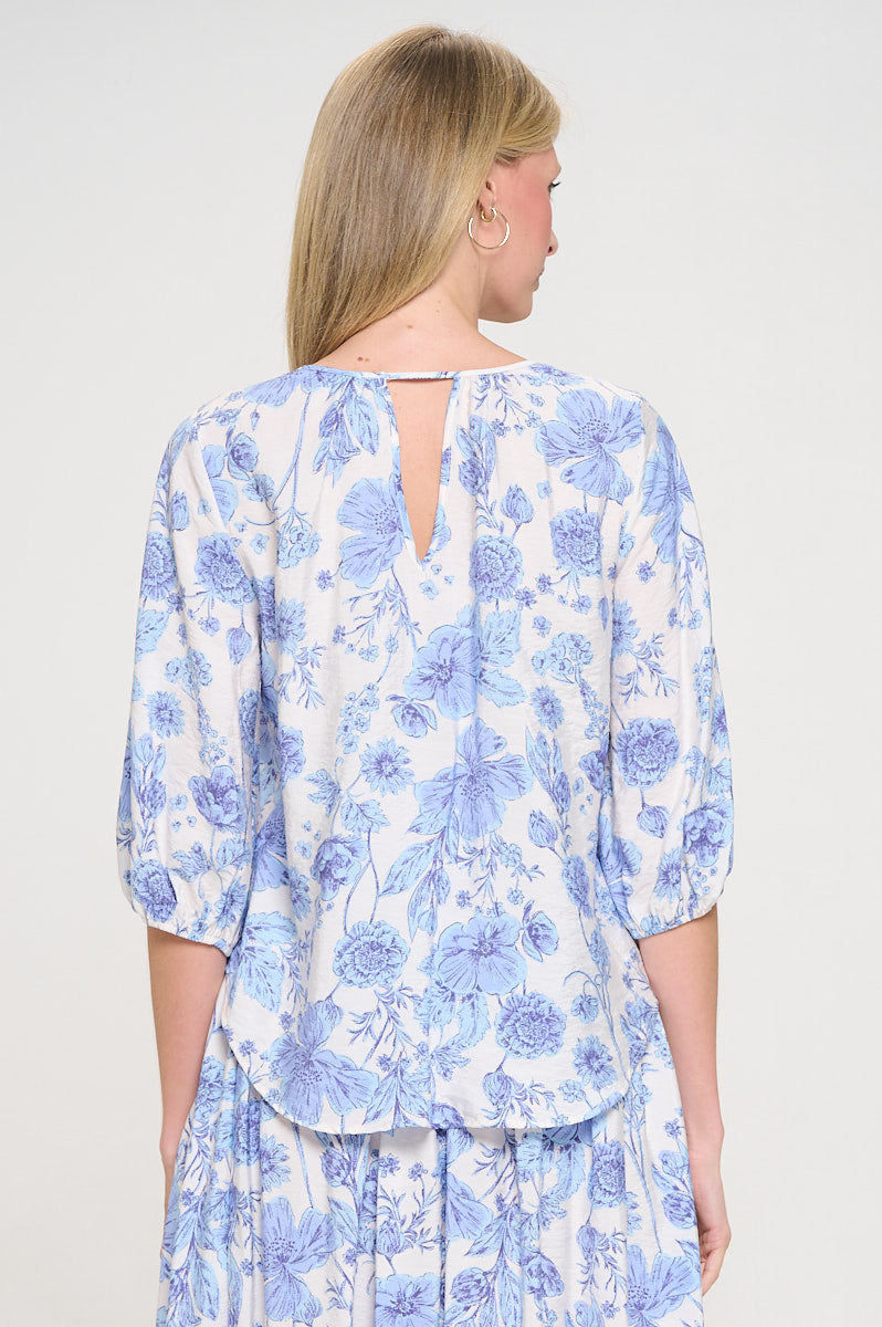 Floral Print V neck 3/4 Sleeve Top