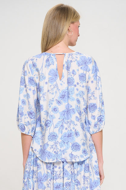 Floral Print V neck 3/4 Sleeve Top