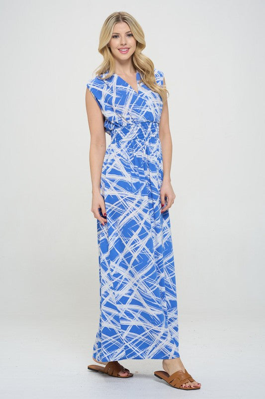 Abstract V neck Sleeveless Maxi Dress with Slit