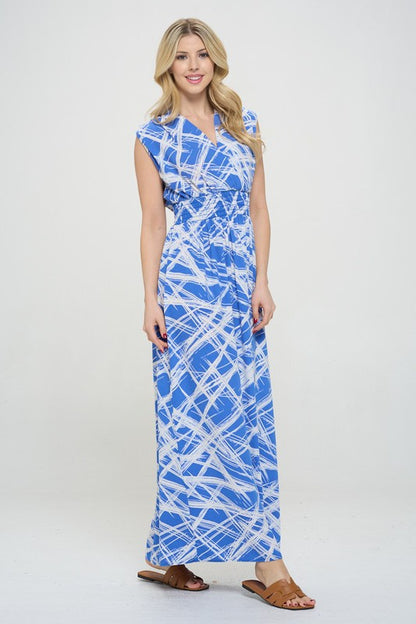 Abstract V neck Sleeveless Maxi Dress with Slit