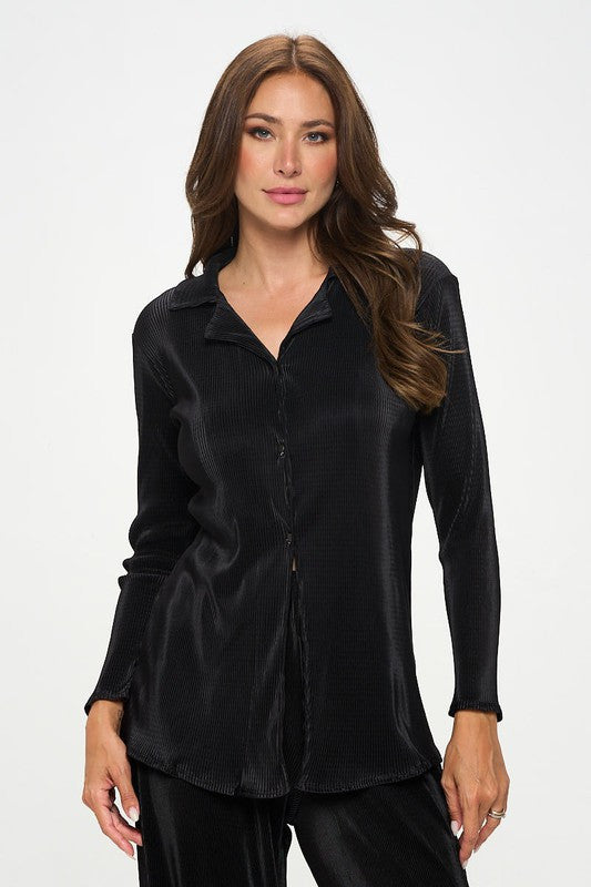Plisse Solid Button Down Top with Collar
