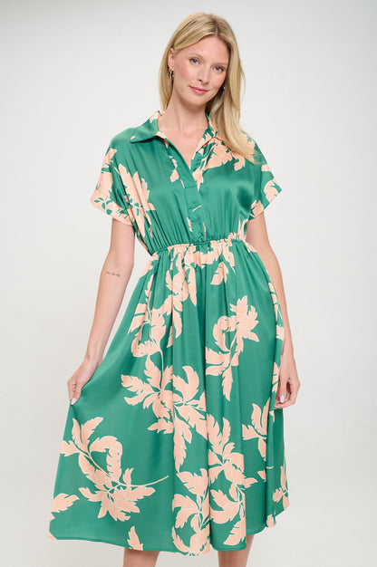 Flower Print Collared V neck Dress with Pockets
