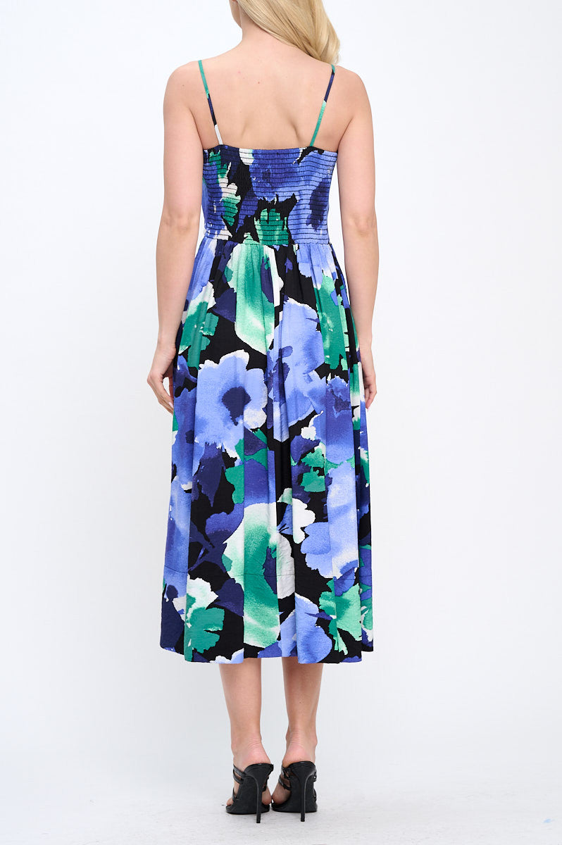 Floral Print Midi Dress with Smock Back Detail and Pockets
