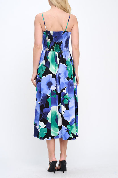 Floral Print Midi Dress with Smock Back Detail and Pockets