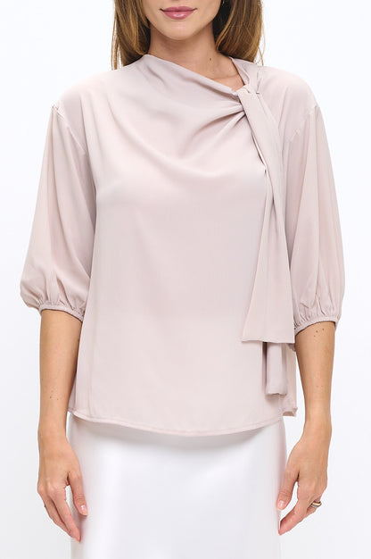Solid Sheer 3/4 Sleeve with Scarf Detail